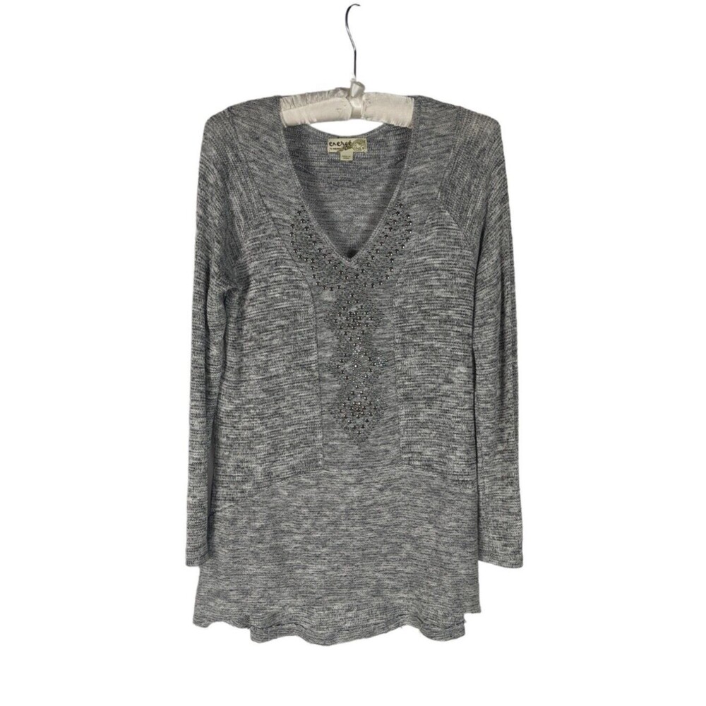 Energe Sz S Women's Gray Vneck Embellished Long Sleeve Knit Tunic Sweater